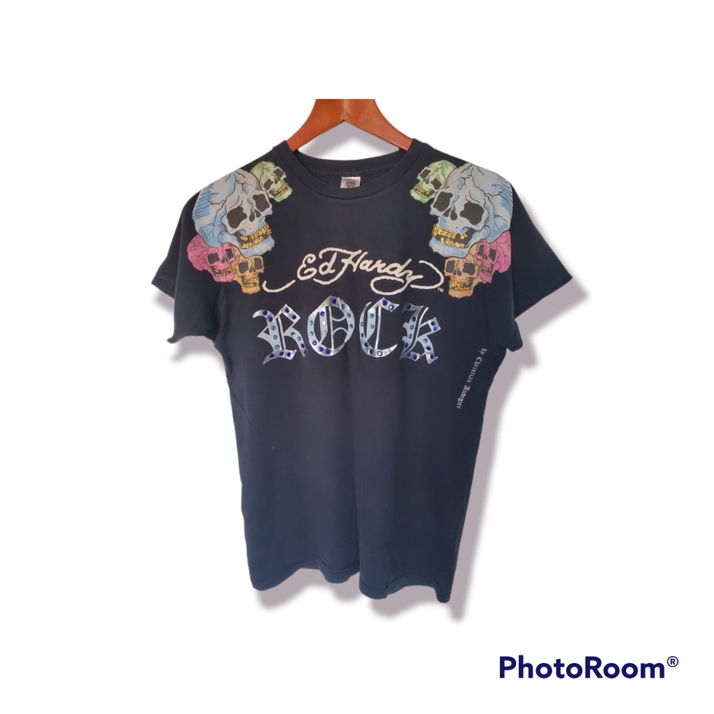 Edy Hardy dark blue t-shirt with Rhine stone, size S